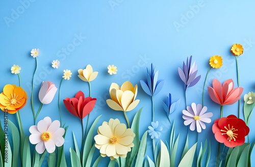 A vibrant paper-cut style illustration of colorful flowers against a blue background.