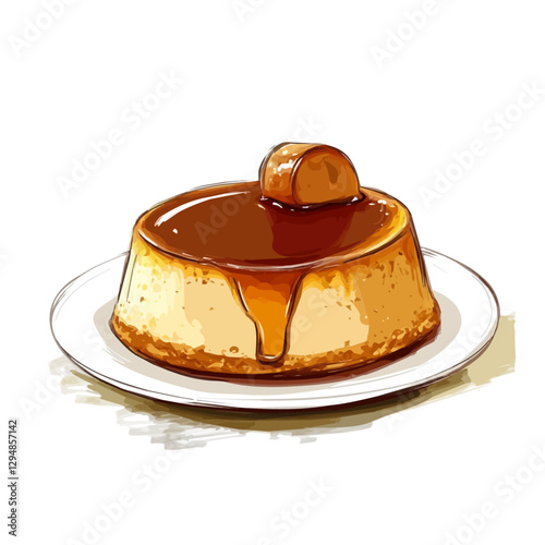 Caramel flan minimalist 2D vector graphic illustration sketch on a white background.

