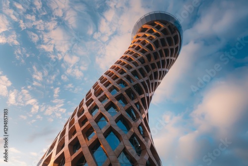 A low angle view of a towering structure, spiraling skyward against a background of white clouds, A massive, twisting tower that seems to spiral into the sky