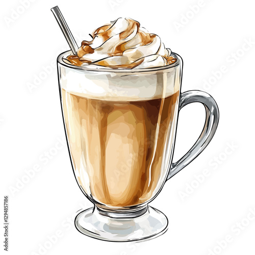 Caramel macchiato minimalist 2D vector graphic illustration sketch on a white background.

