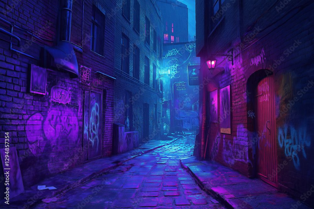 Fototapeta premium Urban City Alley Showcasing Historic Cobblestones, Vibrant Graffiti, and a Quirky Alleyway for Street Art
