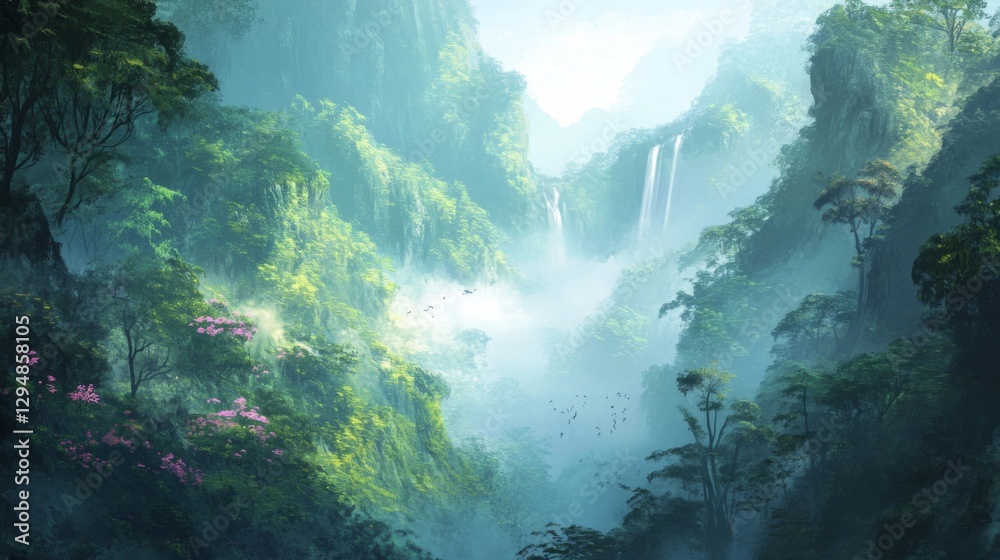 Fototapeta premium Lush Green Jungle Waterfall Landscape