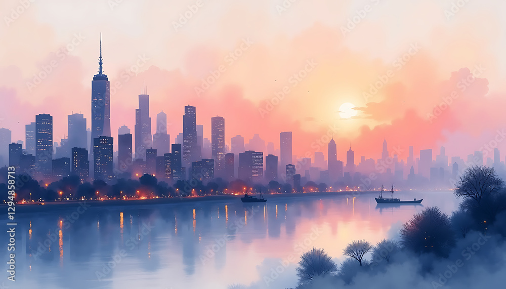 Obraz premium City skyline at sunset reflected on a body of water