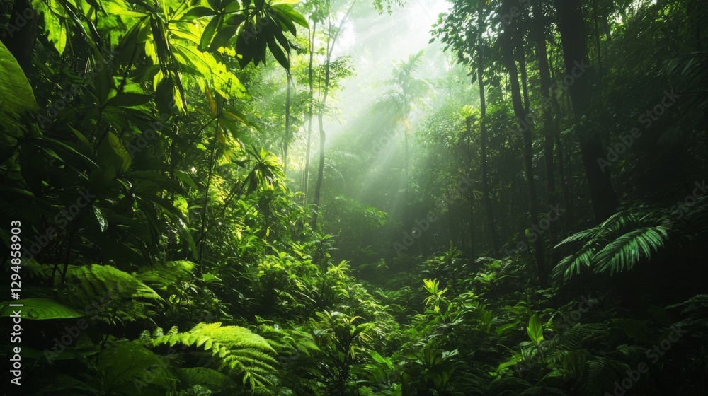 Fototapeta premium Lush Green Rainforest Sunlight Rays Tropical Forest