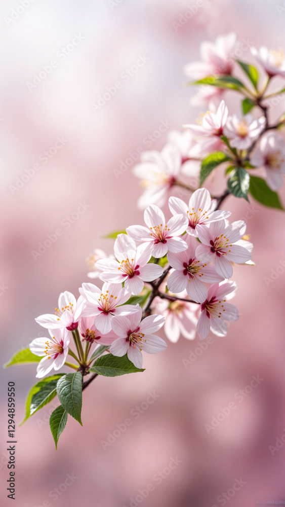 Cherry Blossoms Pink Petals Soft Green Leaves Blurred Background Cherry Blossoms Pink Petals Soft Green Leaves Blurred Background