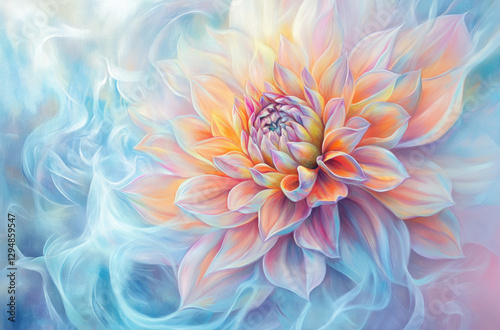 A vibrant, ethereal flower with soft colors and swirling backgrounds.
