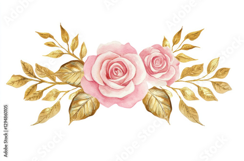 A watercolor illustration featuring pink roses and golden leaves, ideal for decorative purposes.