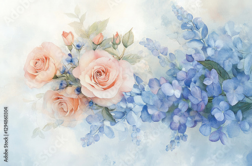 A watercolor illustration of pink roses and blue flowers against a soft background.