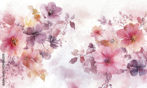 A watercolor illustration of delicate pink and purple flowers with soft background hues.