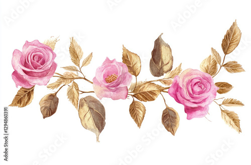 A watercolor illustration of pink roses and golden leaves, perfect for floral designs.