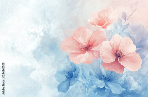 A watercolor illustration of soft pink and blue flowers on a gentle background.
