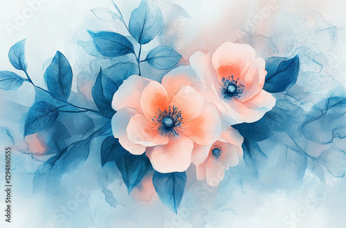 A watercolor illustration of soft pink flowers and blue leaves, evoking tranquility.