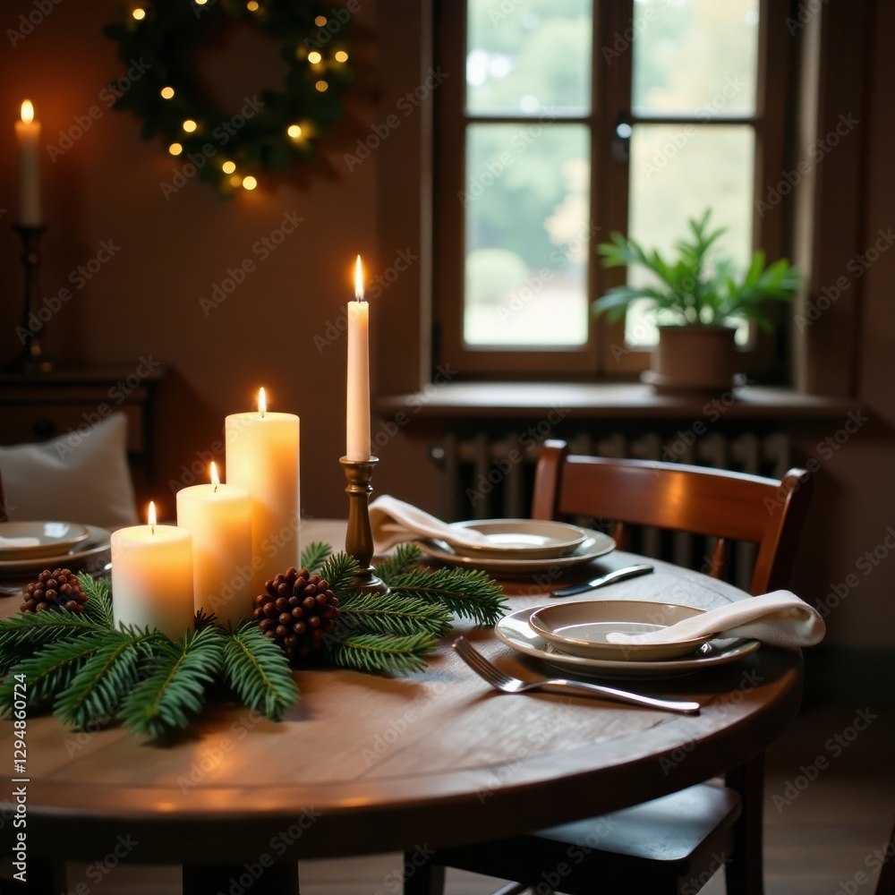 Fototapeta premium Wooden table with candles and evergreen branches, cozy atmosphere, rustic decor