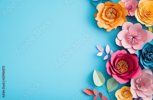 Colorful paper flowers arranged on a blue background for decorative purposes.