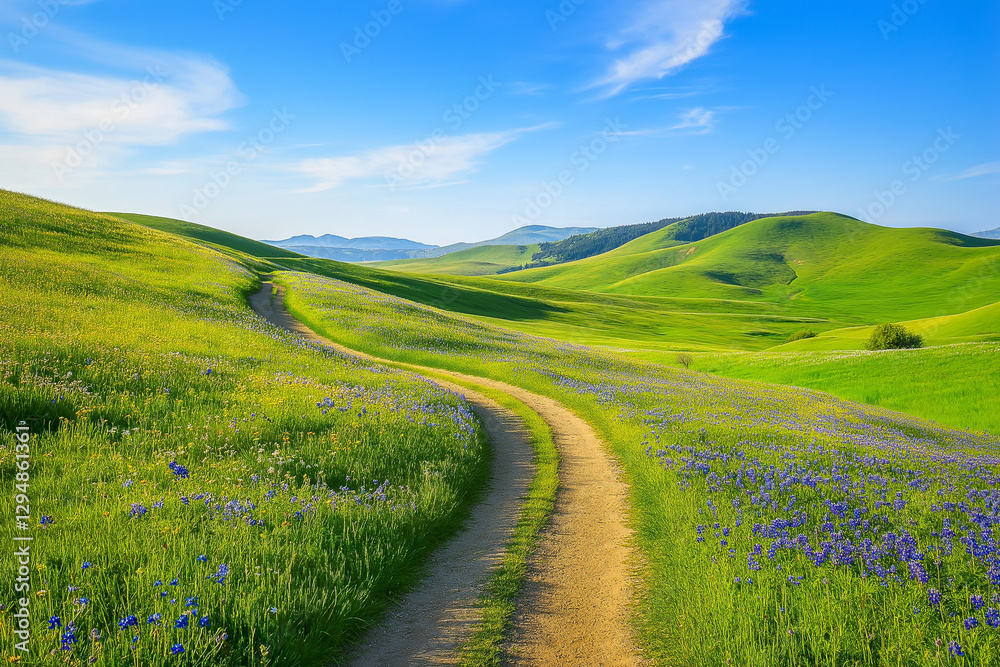 Fototapeta premium Picturesque Rolling Hills Featuring Vibrant Green Grass and Blossoming Wildflowers on a Rustic Dirt Trail