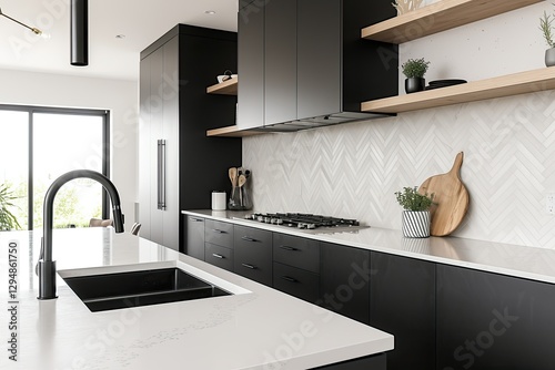 Modern black kitchen island, herringbone tile backsplash, bright room, home design