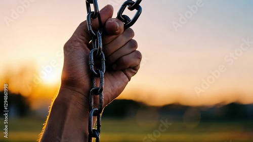 Hand gripping chains sunset background, hope concept