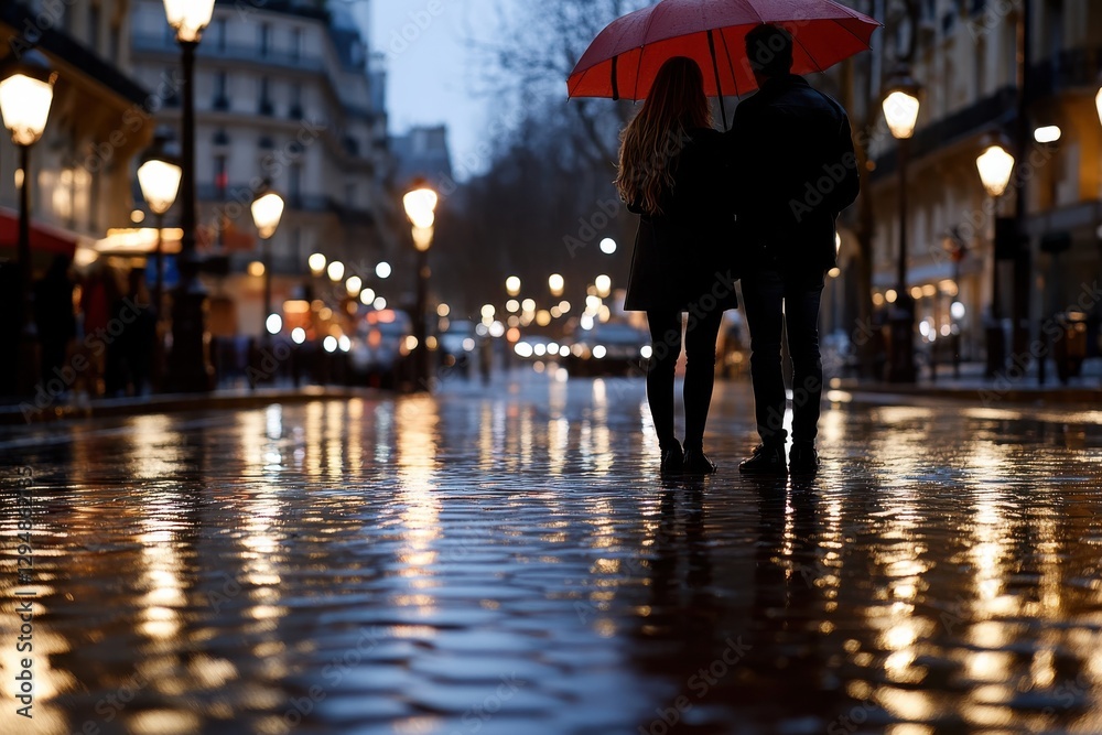 Obraz premium A couple stands lovingly together under a red umbrella on a rain-soaked street, their silhouettes creating a beautiful moment of connection amidst the urban ambiance.