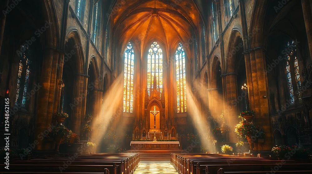 Fototapeta premium Interior cathedral gothic glass sunlight high resolution hd photo