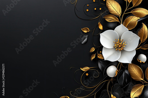 Elegant floral design featuring a white flower and golden leaves on a black background.