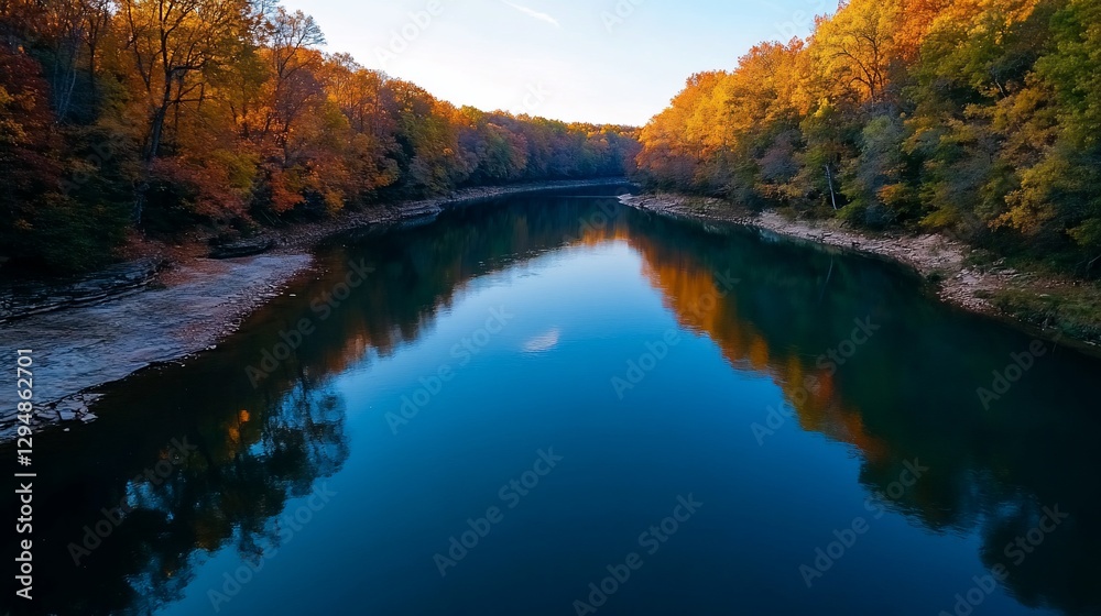 Scenic Autumn Landscape with Vibrant Trees Reflected in River Waters Scenic Autumn Landscape with Vibrant Trees Reflected in River Waters