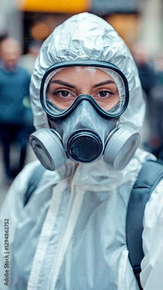 man in protective suit and respirator on crowded street man in protective suit and respirator on crowded street