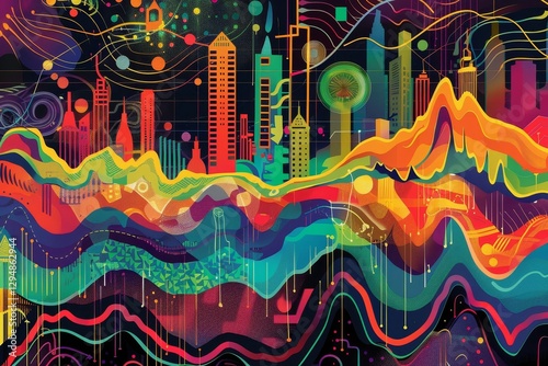 Vibrant abstract city skyline with dynamic waves symbolizing stock market volatility, A psychedelic interpretation of stock market volatility using vibrant colors and patterns