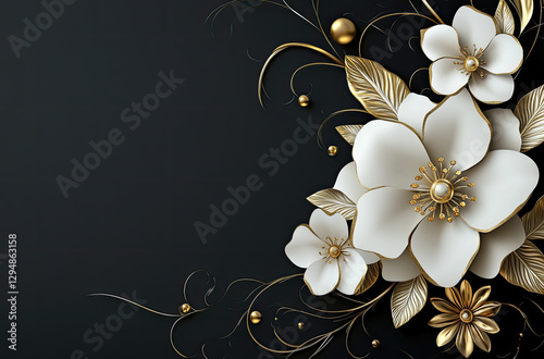 Elegant floral design featuring white flowers and golden accents on a dark background.