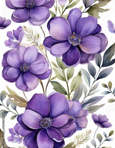 Purple watercolor flowers seamless pattern 