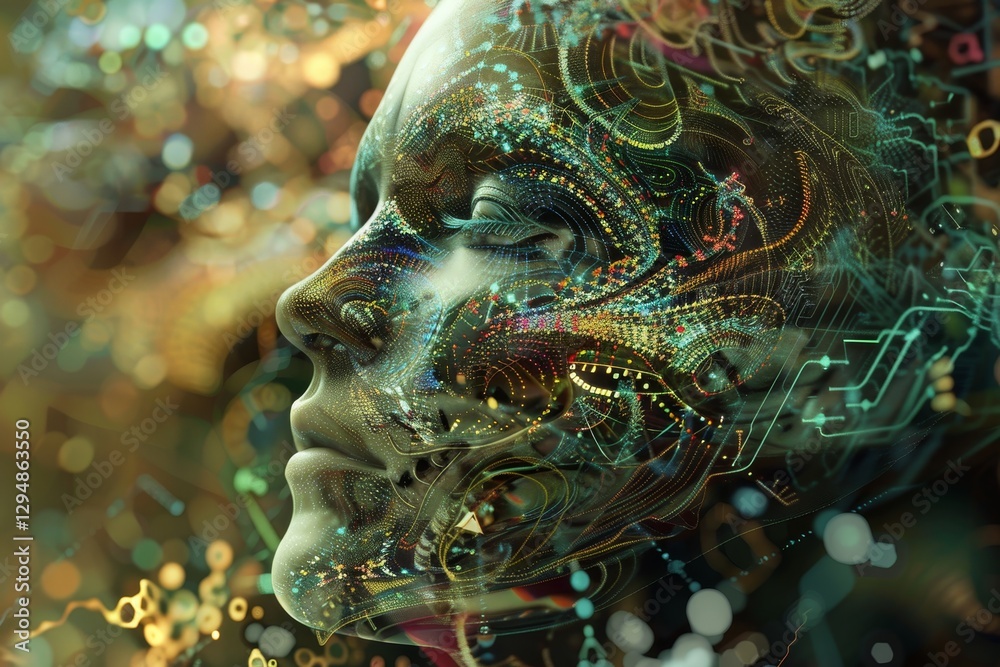 Fototapeta premium Digital art of a face in data swirl, showing machine learning, A surreal representation of machine learning algorithms