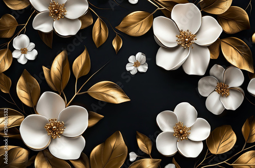 Elegant floral pattern featuring white flowers and golden leaves on a dark background.