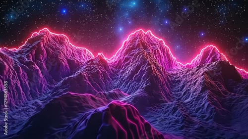 Vivid neon mountains under a starry cosmic sky at night with bright glowing edges