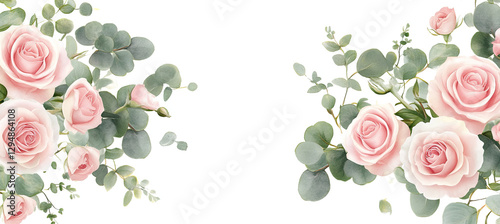 Floral arrangement featuring soft pink roses and eucalyptus leaves on a white background.