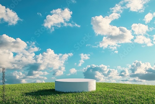 White pedestal on grassy hill, sunny sky background, product display