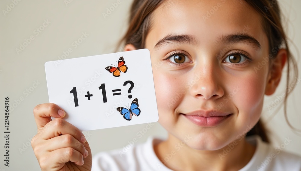 Child holding educational math card with butterflies. Child holding educational math card with butterflies.