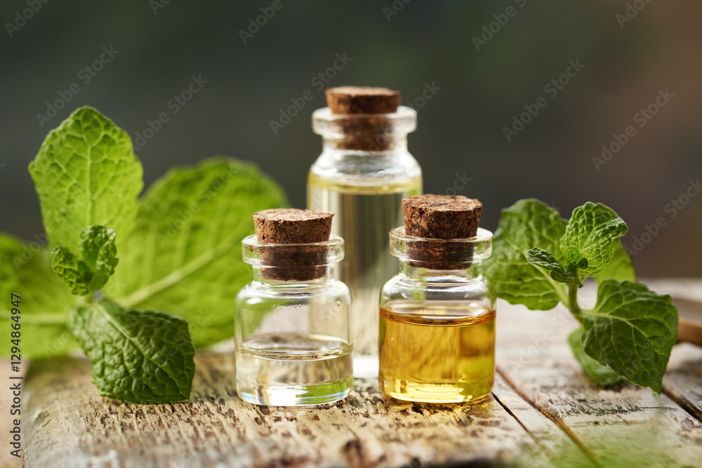 Three bottles of essential oil with fresh peppermint plant Three bottles of essential oil with fresh peppermint plant