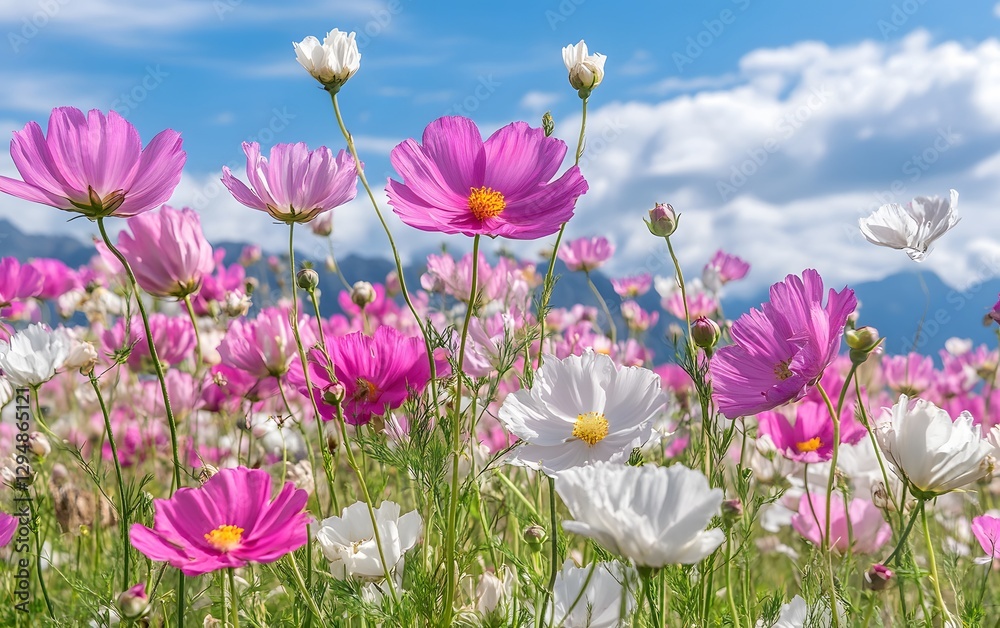 Vibrant Pink and White Cosmos Flower Field Under Sunny Sky Vibrant Pink and White Cosmos Flower Field Under Sunny Sky