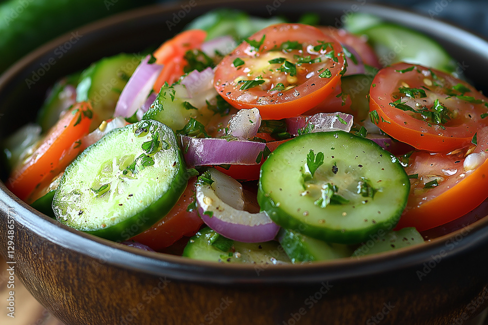 Refreshing crisp cucumber and tomato salad accented with red onion, bursting with vibrant, garden-fresh flavors Refreshing crisp cucumber and tomato salad accented with red onion, bursting with vibrant, garden-fresh flavors