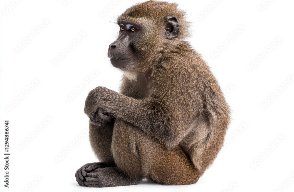 Fototapeta premium Baboon sitting calmly with a thoughtful expression on a plain background in a natural setting