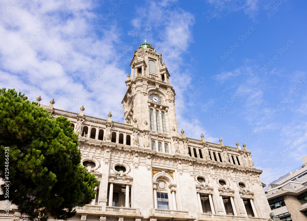 Naklejka premium Clock tower in the city hall of Porto. City center of Porto in Portugal