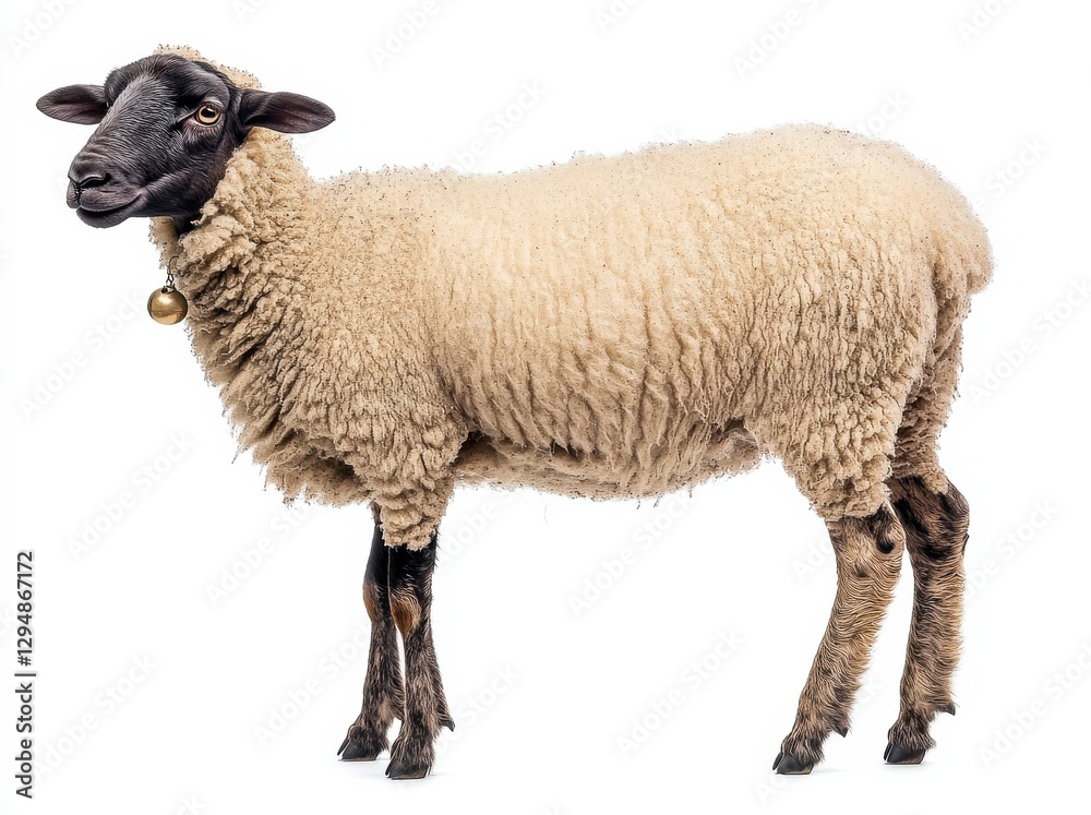 Sheep stands gracefully, showcasing its thick wool and distinct facial features against a white backdrop in a studio setting Sheep stands gracefully, showcasing its thick wool and distinct facial features against a white backdrop in a studio setting