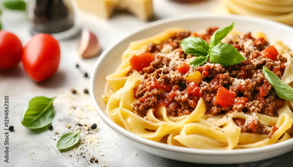 Tasty pasta bolognese with basil on white table, closeup Tasty pasta bolognese with basil on white table, closeup