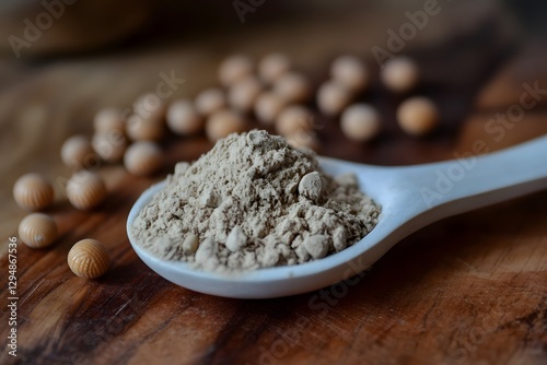 Soybean Powder in Wooden Spoon Closeup Photo