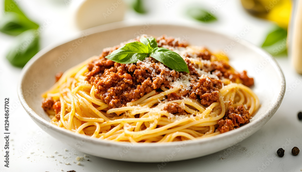 Tasty pasta bolognese with basil on white table, closeup Tasty pasta bolognese with basil on white table, closeup