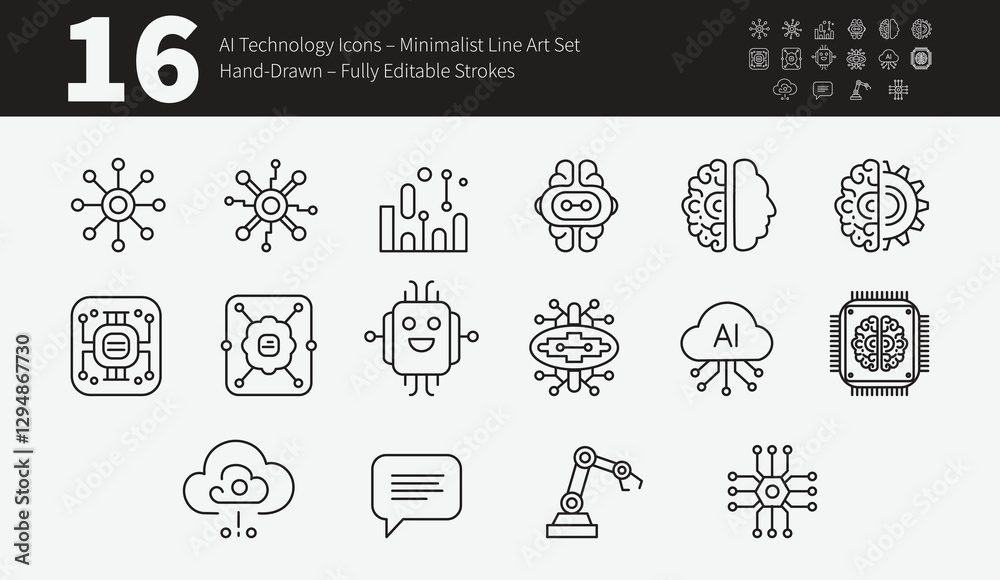 Naklejka premium AI Technology Icon Set | Minimalist Line Art, Artificial Intelligence, Machine Learning, Neural Network, Robotics, Automation, Deep Learning, AI Chip, Smart Tech, Cloud AI, Data Science, Cybersecurity
