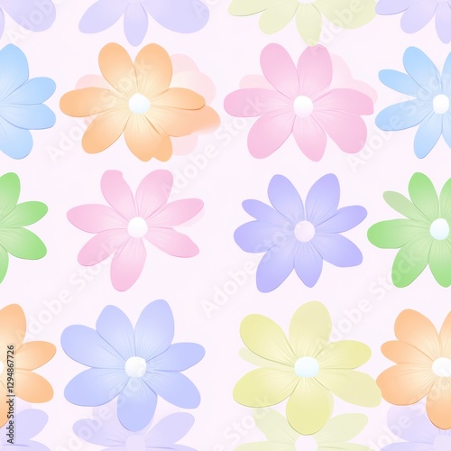 Repetitive colorful flower pattern for Spring theme fabric design.