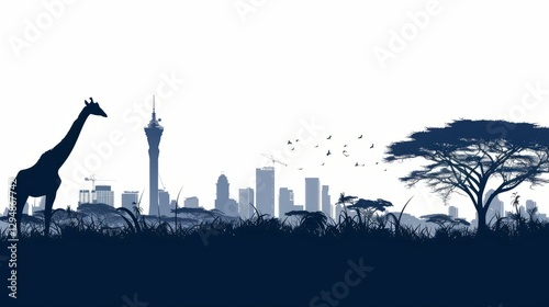  Nairobi skyline silhouette with giraffe and savanna elements, iconic African urban landscape at dusk