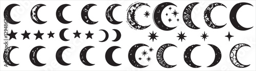 Crescent moon icon collection features varied crescent designs with stars, decorative patterns in black.
