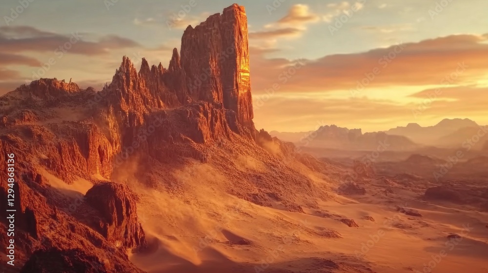 Golden Desert Sunset with Majestic Rock Formations