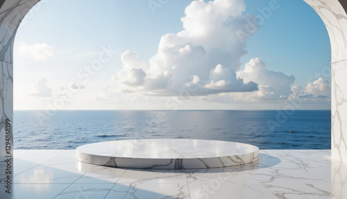 Serene ocean view from a modern marble terrace with clouds reflecting tranquility and elegance in a coastal environment